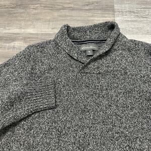 Eddie Bauer Marled Gray Black Mens L Wool Blend Shawl Neck Pullover Sweater EUC
